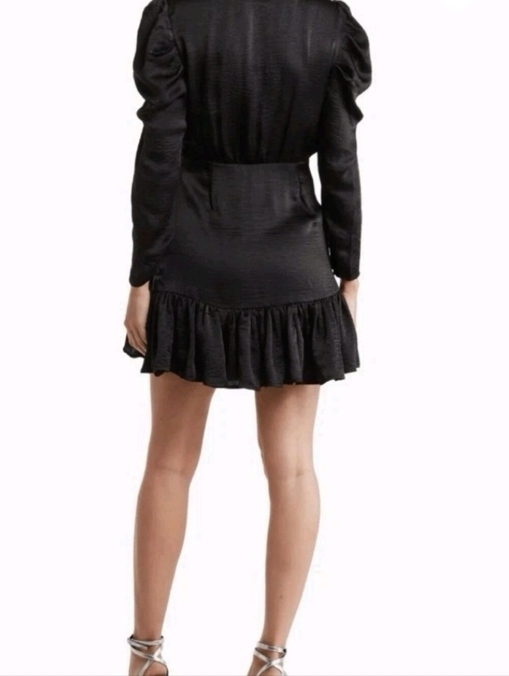 Steve Madden Black Satin Faux Wrap Ruched Mini Dress Ruffle Hem L - Picture 14 of 14